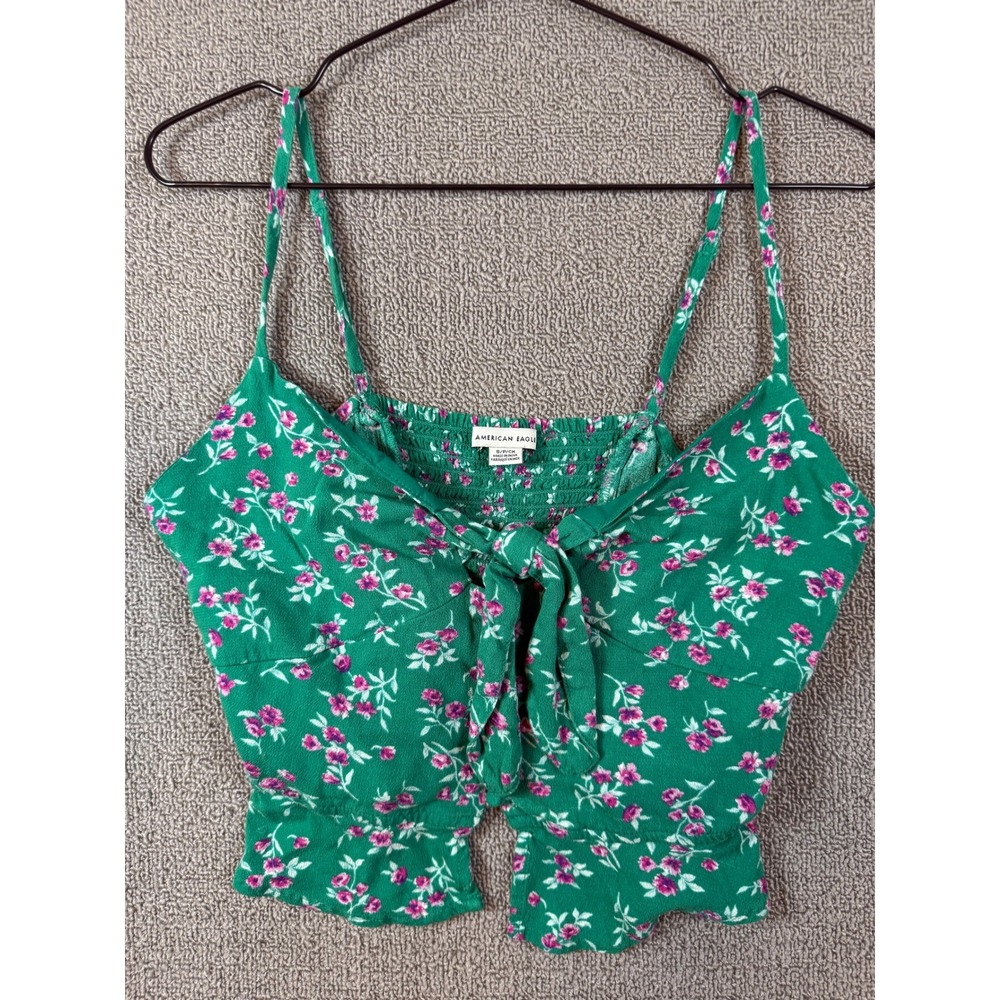 American Eagle Crop Top Womens Small Green Excellent Floral Tie Front Cami